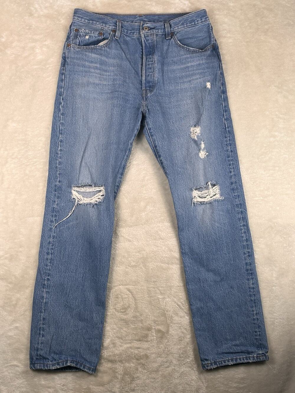 Levis Premium 501 Jeans Womens 32x32 Blue Straight Button Fly Distressed BIG E